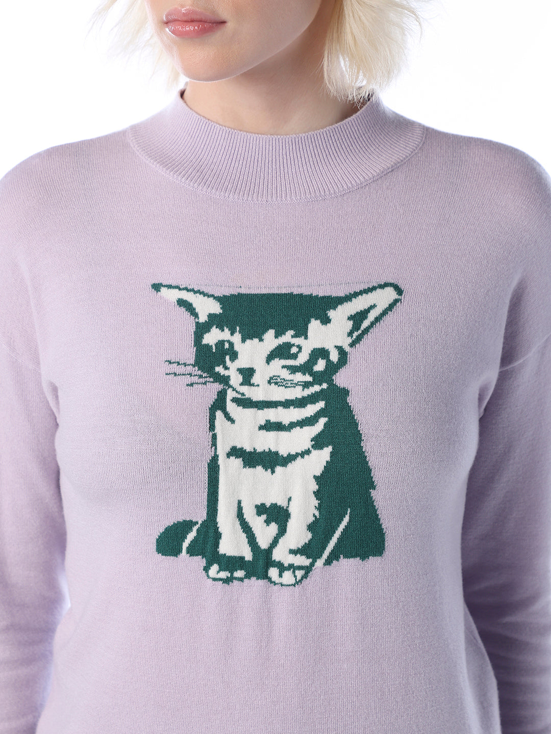 Fine-Knit Cat Printed Pullover