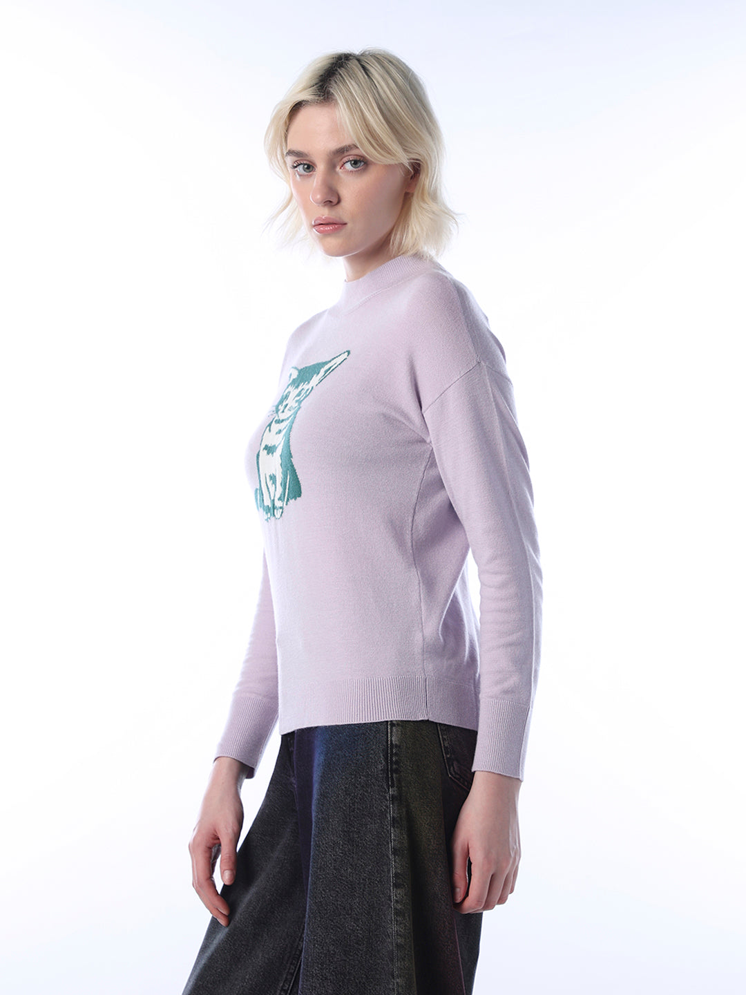 Fine-Knit Cat Printed Pullover