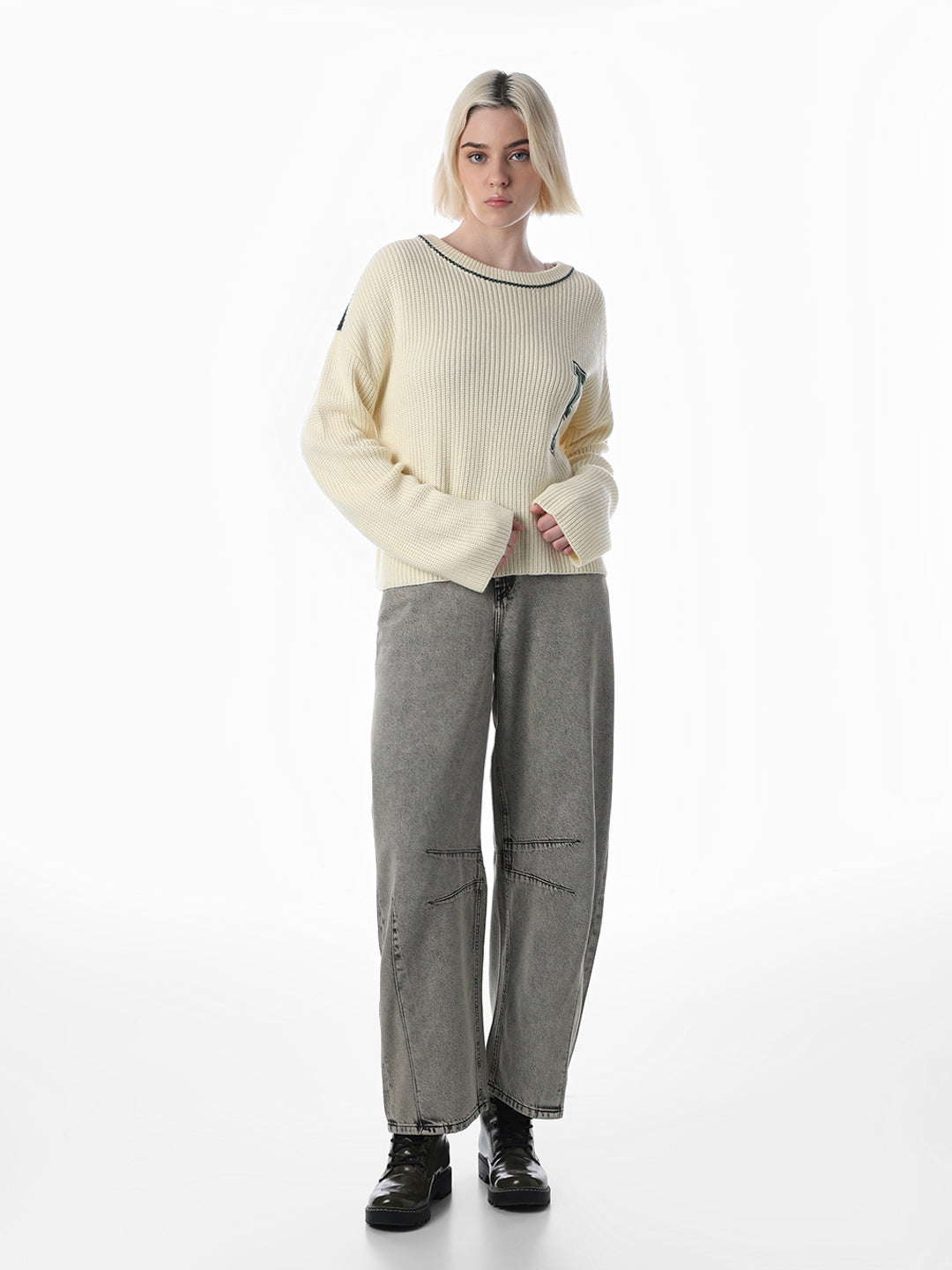 Cream Varsity Print Knitted Pullover