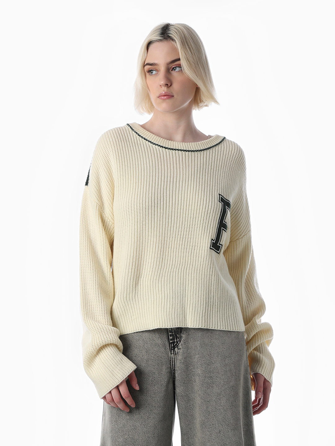 Cream Varsity Print Knitted Pullover