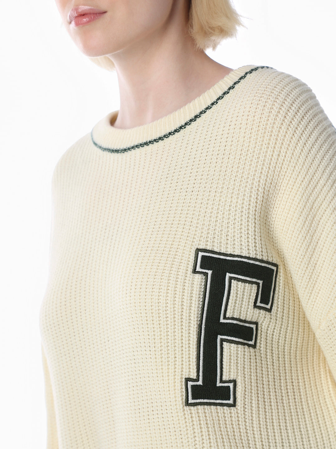 Cream Varsity Print Knitted Pullover