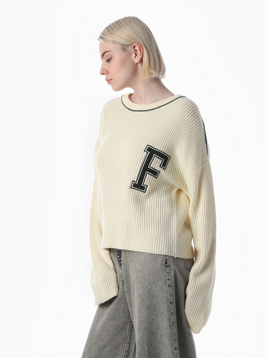 Cream Varsity Print Knitted Pullover