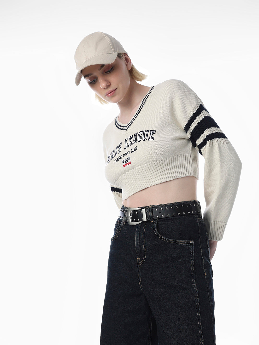 White Varsity Cropped Pullover