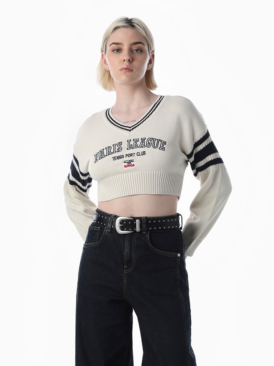 White Varsity Cropped Pullover