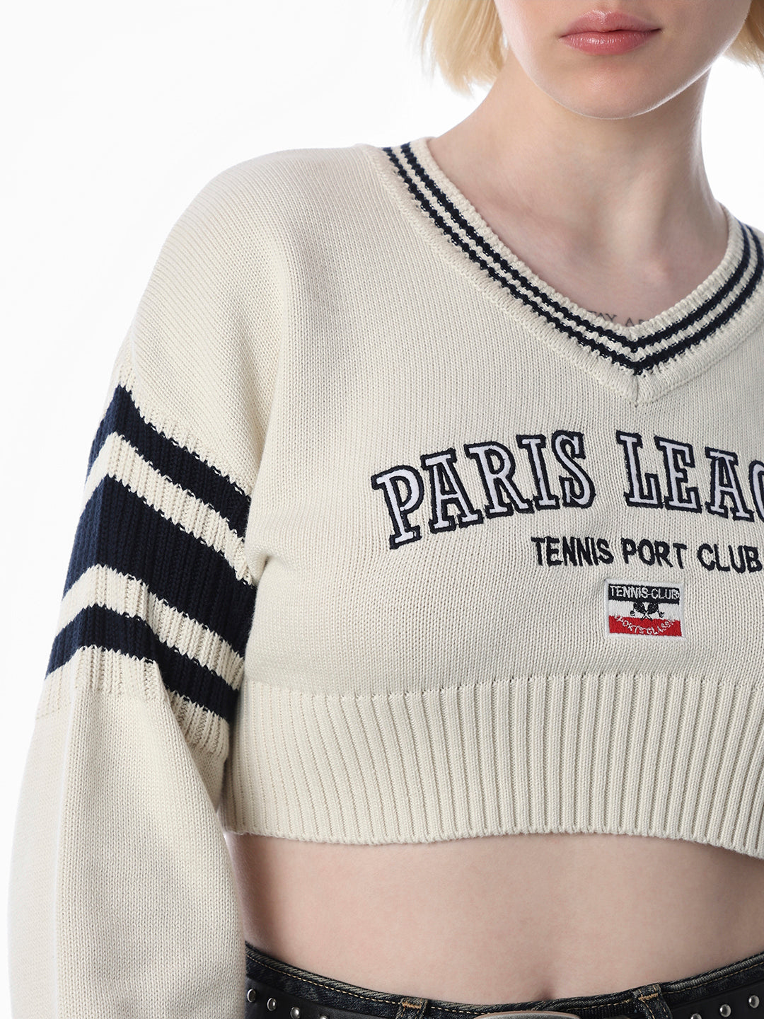 White Varsity Cropped Pullover