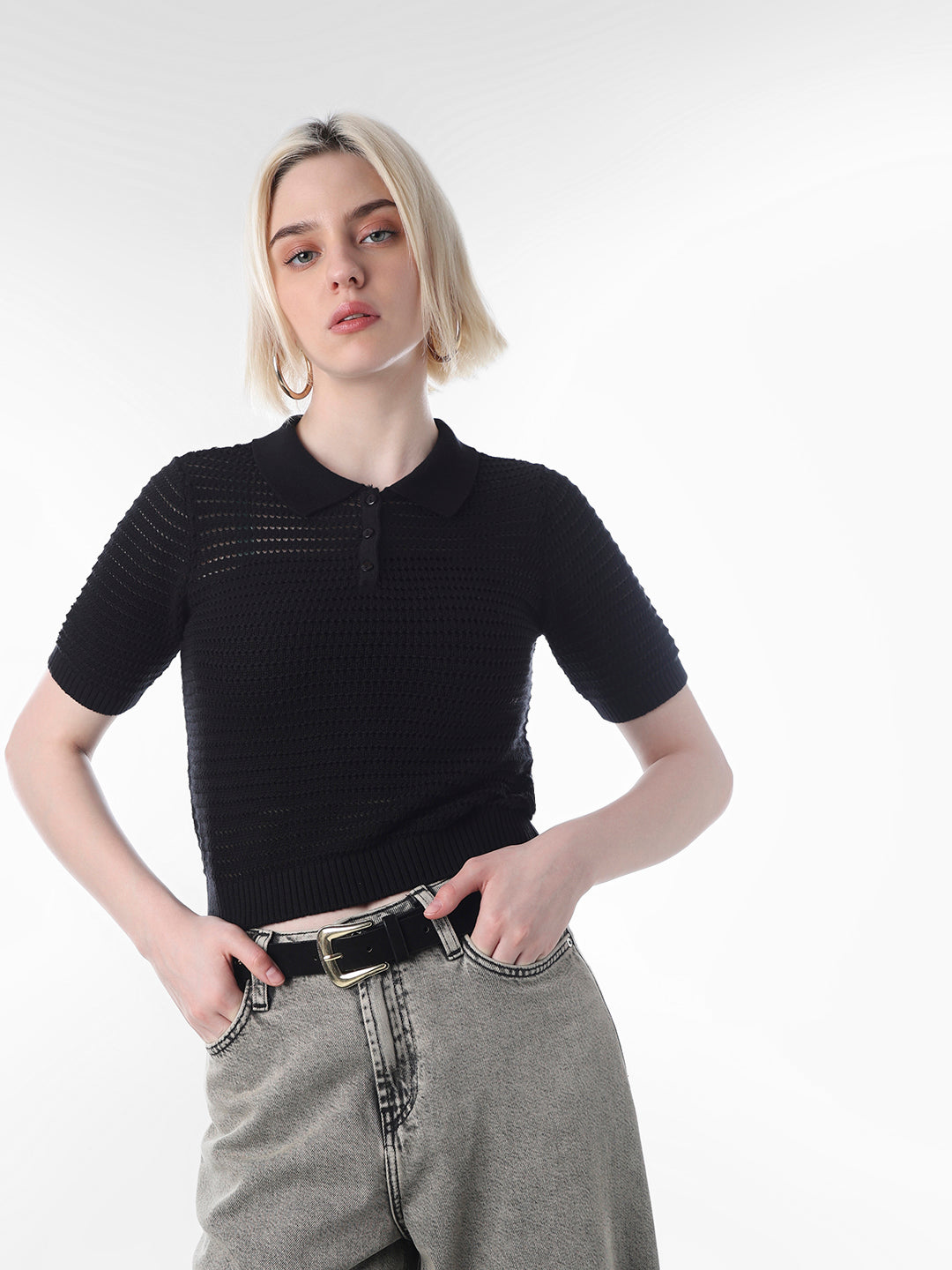Black Textured Knitted Polo
