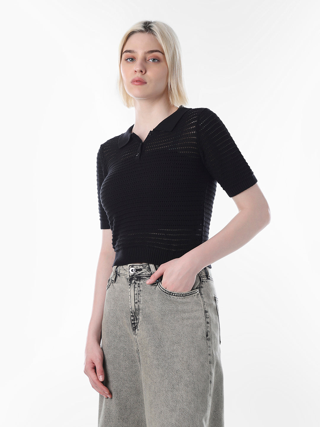 Black Textured Knitted Polo