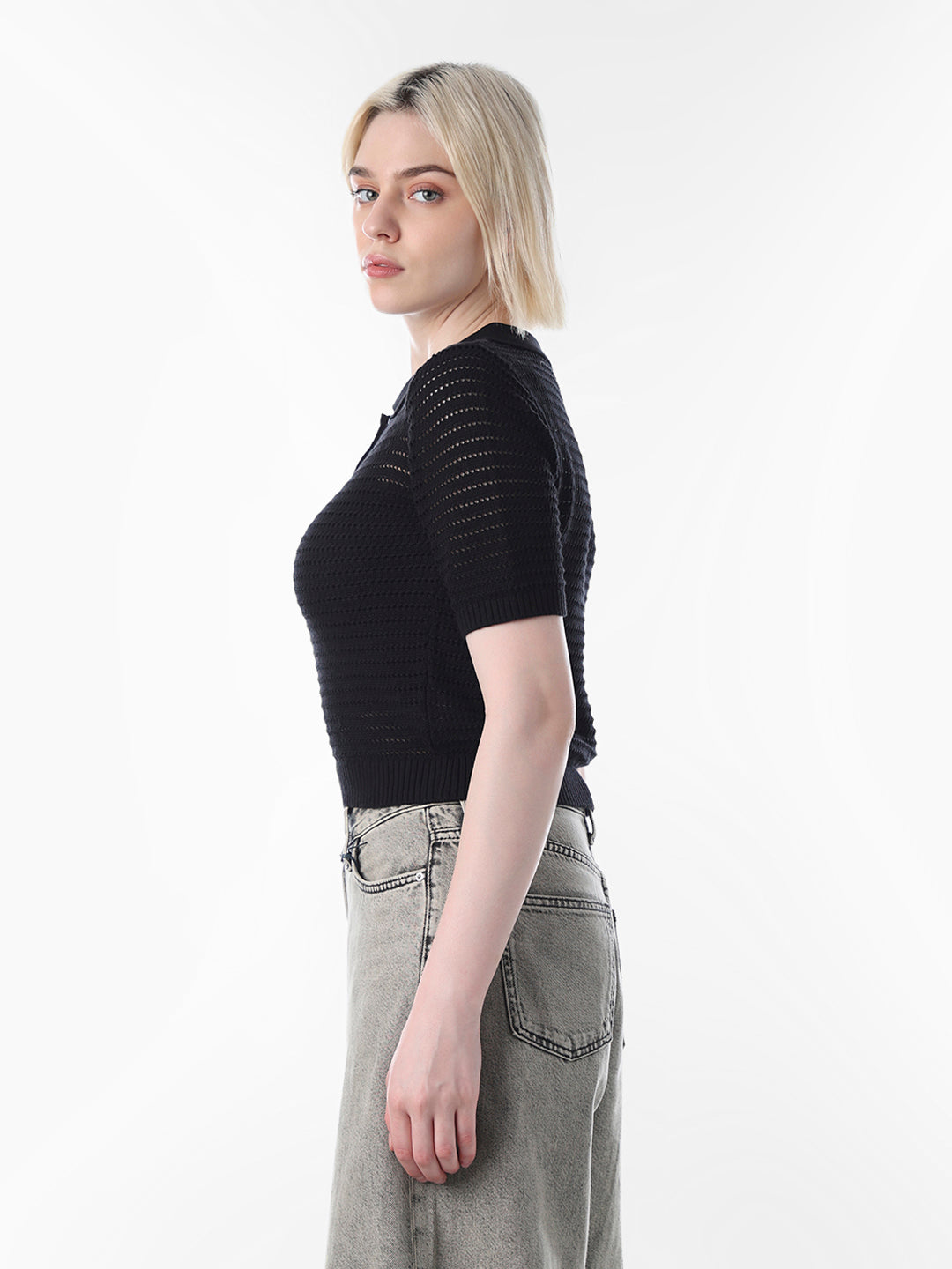 Black Textured Knitted Polo