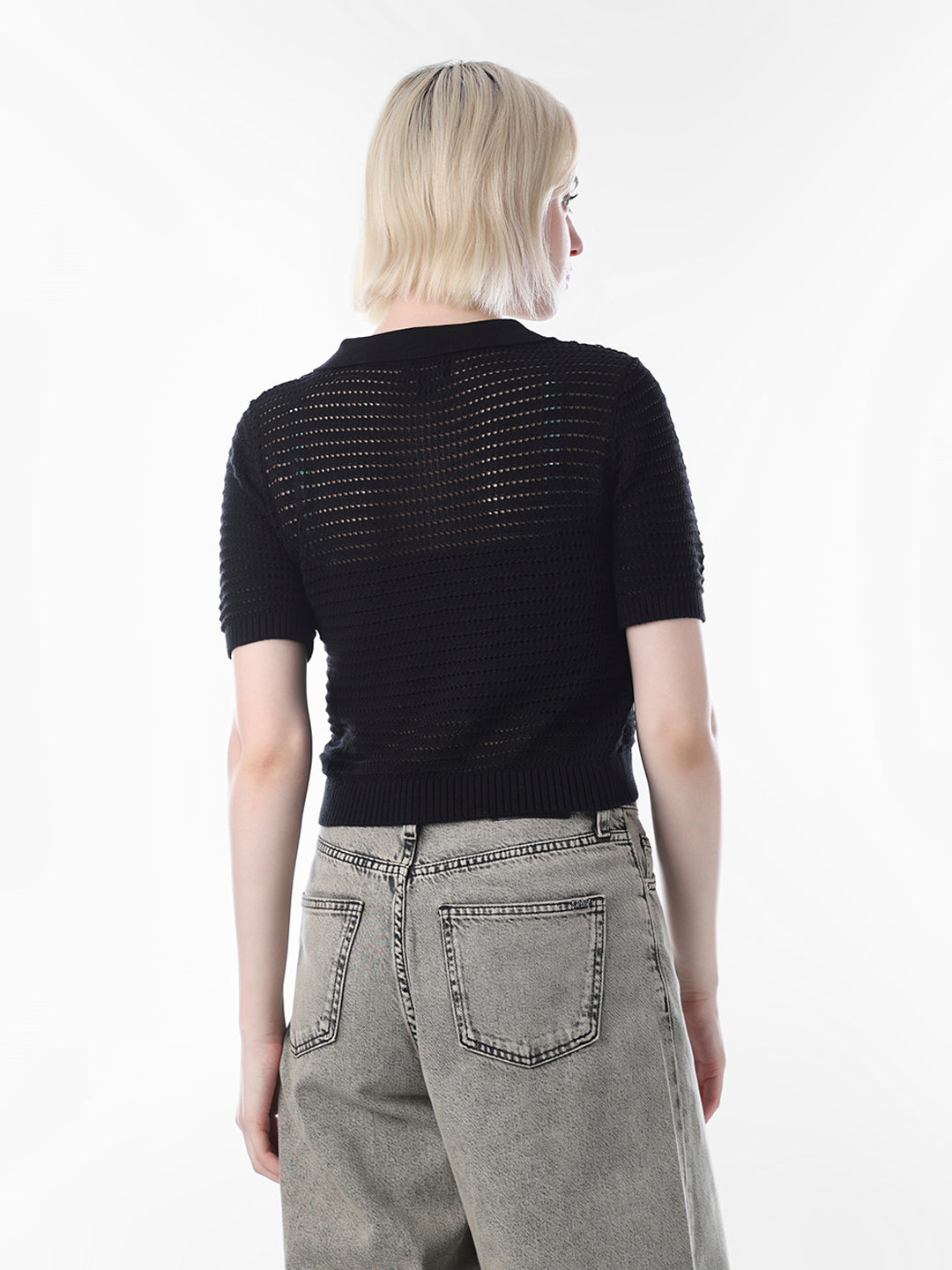 Black Textured Knitted Polo