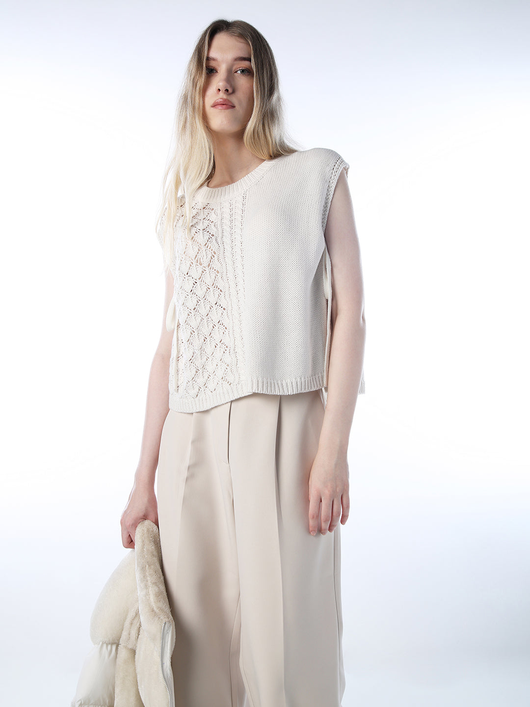 Tie-Detail Cable Knit Pullover