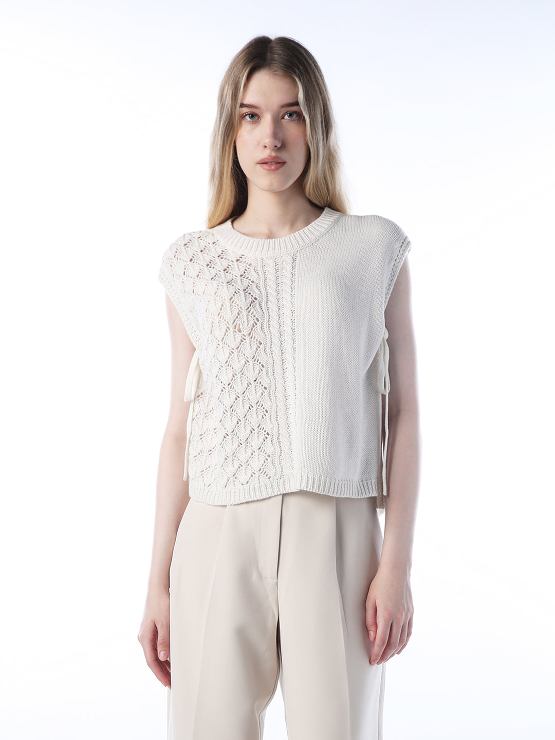 Tie-Detail Cable Knit Pullover
