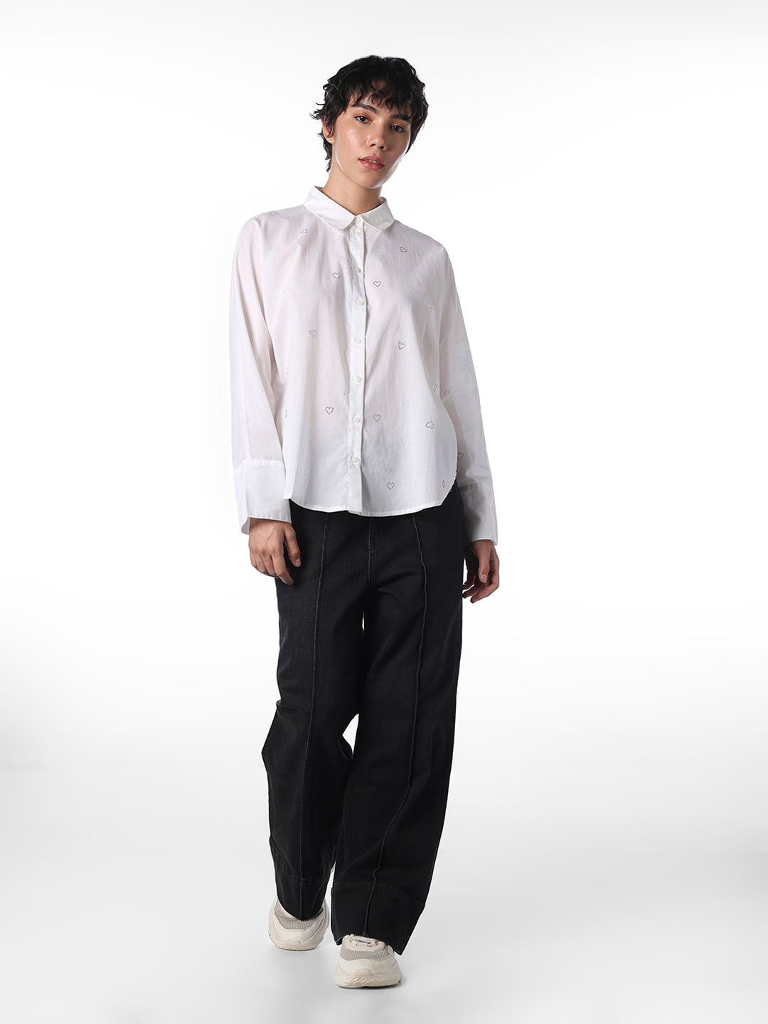 White Heart Rhinestone Motif Shirt