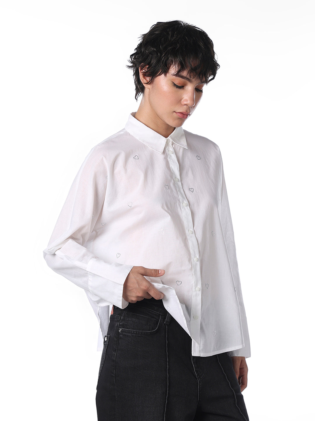White Heart Rhinestone Motif Shirt