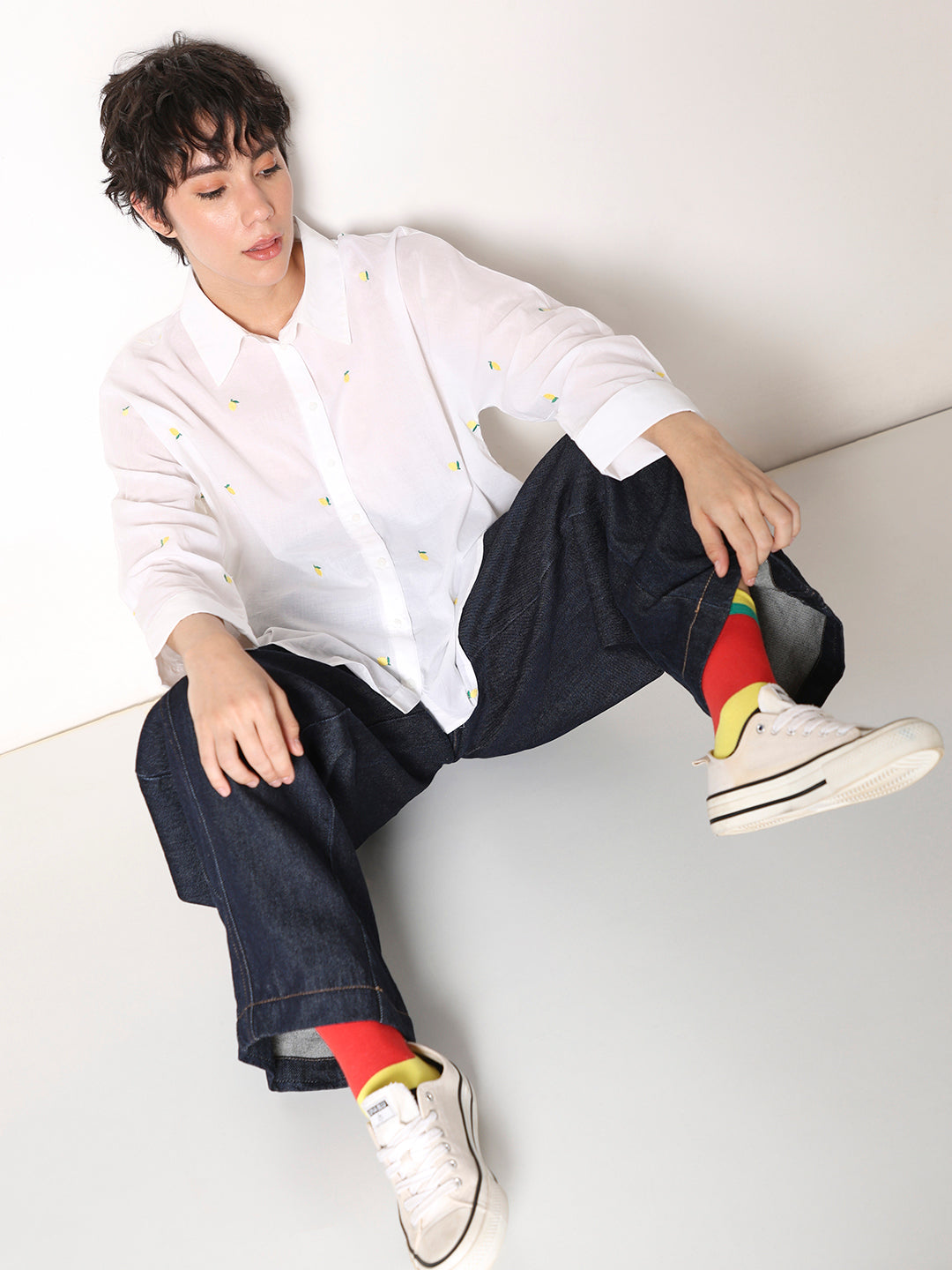 White Embroidered Motif Shirt