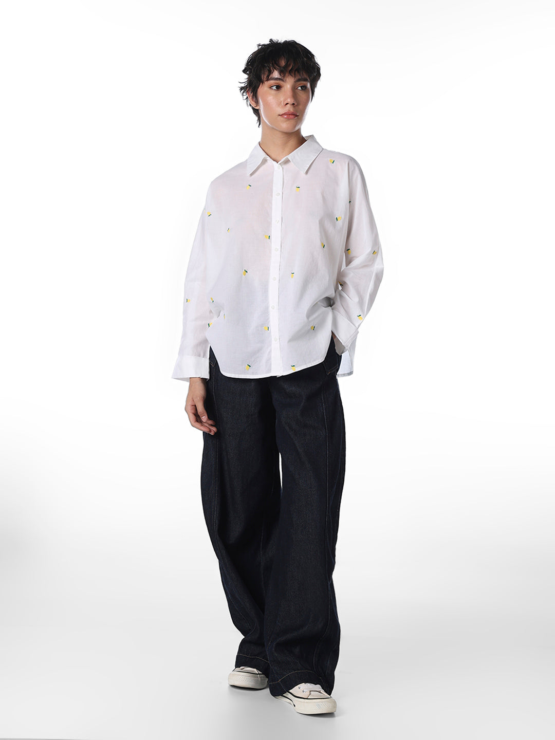 White Embroidered Motif Shirt