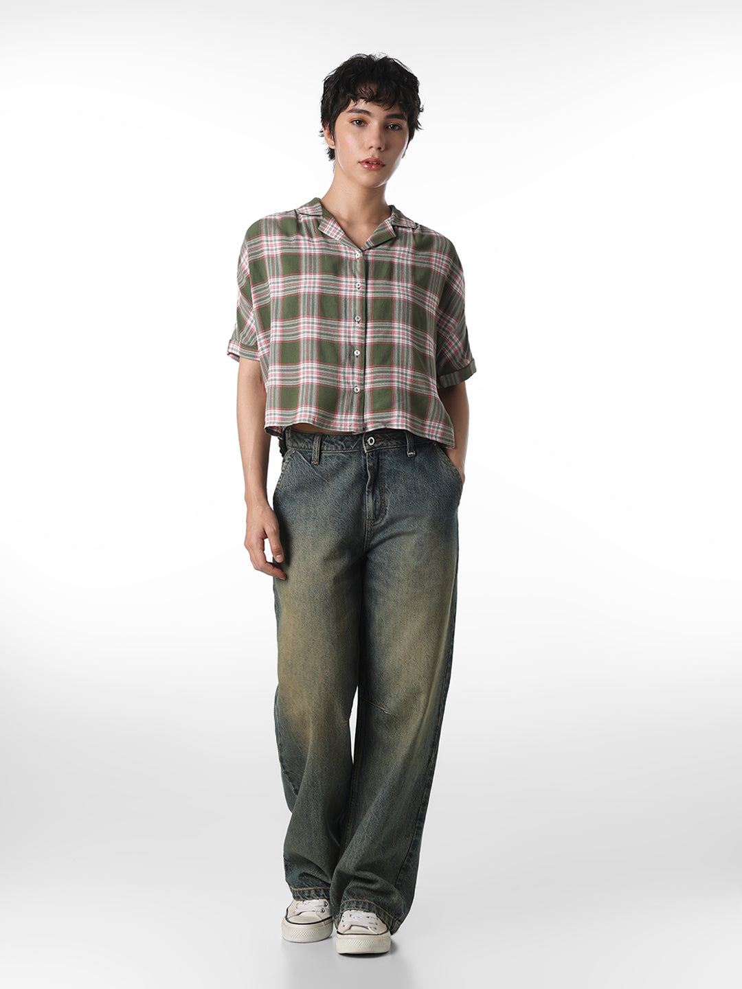 Green Check Boxy Fit Shirt