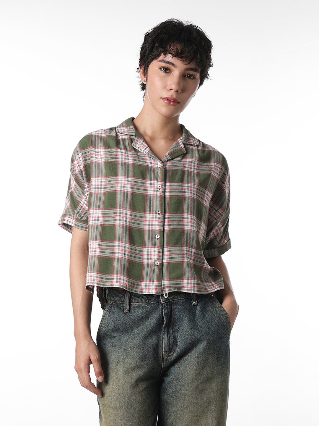 Green Check Boxy Fit Shirt