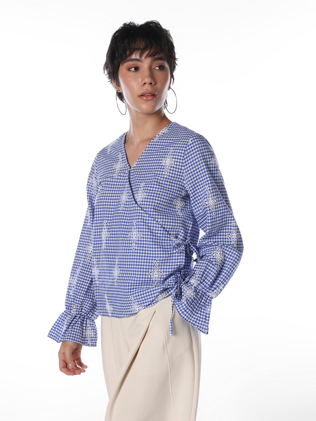 Blue Embroidered Wrap Top