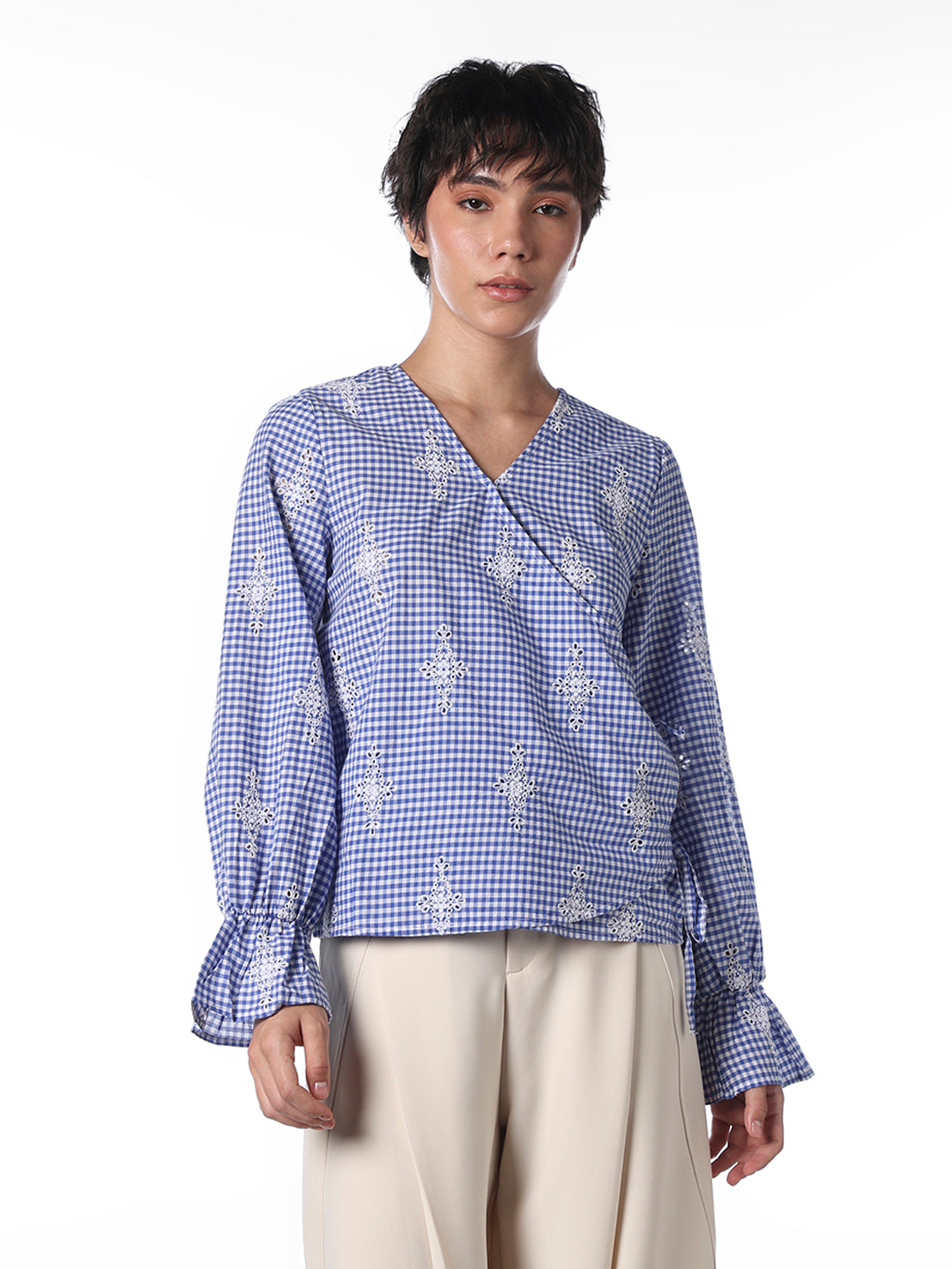 Blue Embroidered Wrap Top