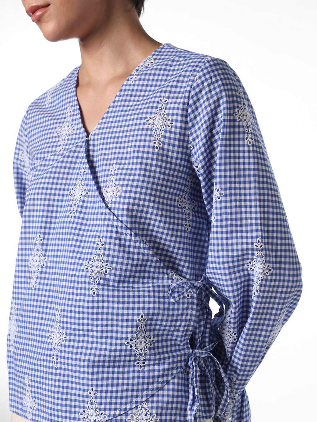 Blue Embroidered Wrap Top