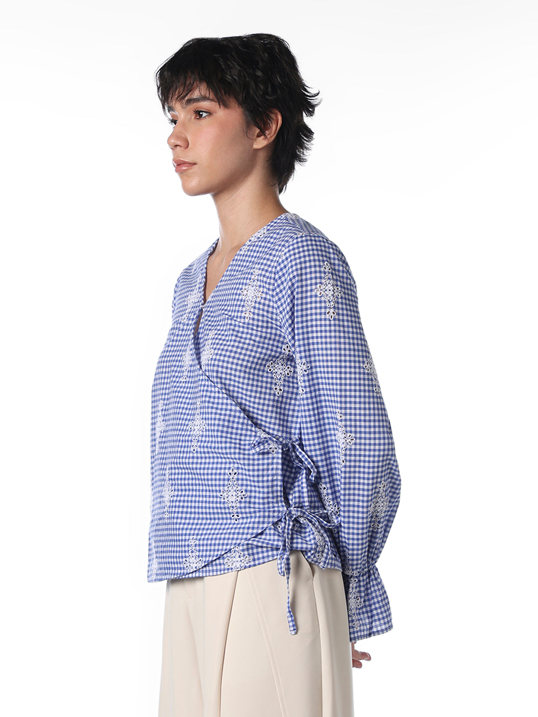 Blue Embroidered Wrap Top