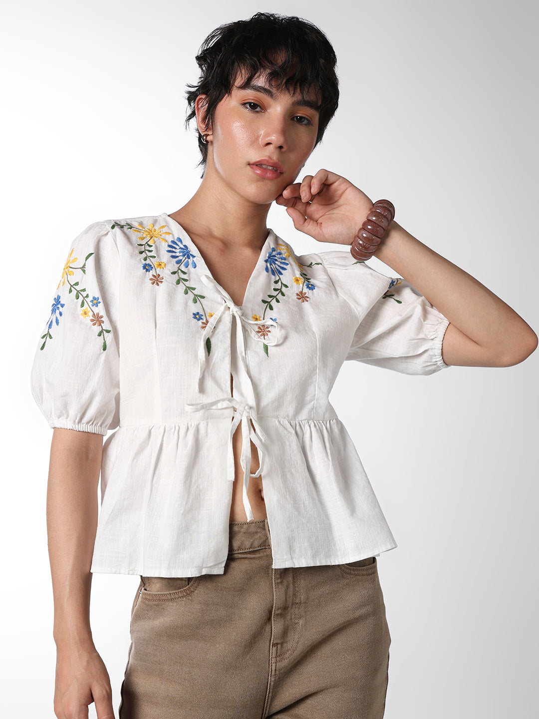 White Embroidered Cotton Top