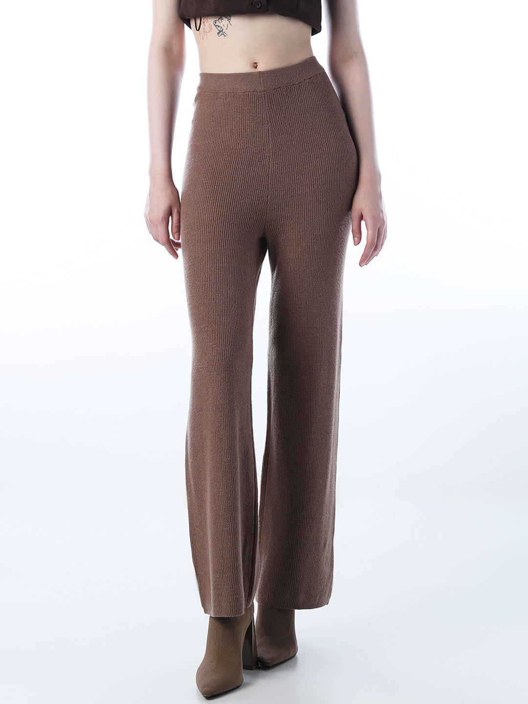 Brown Rib Knit Flared Trousers