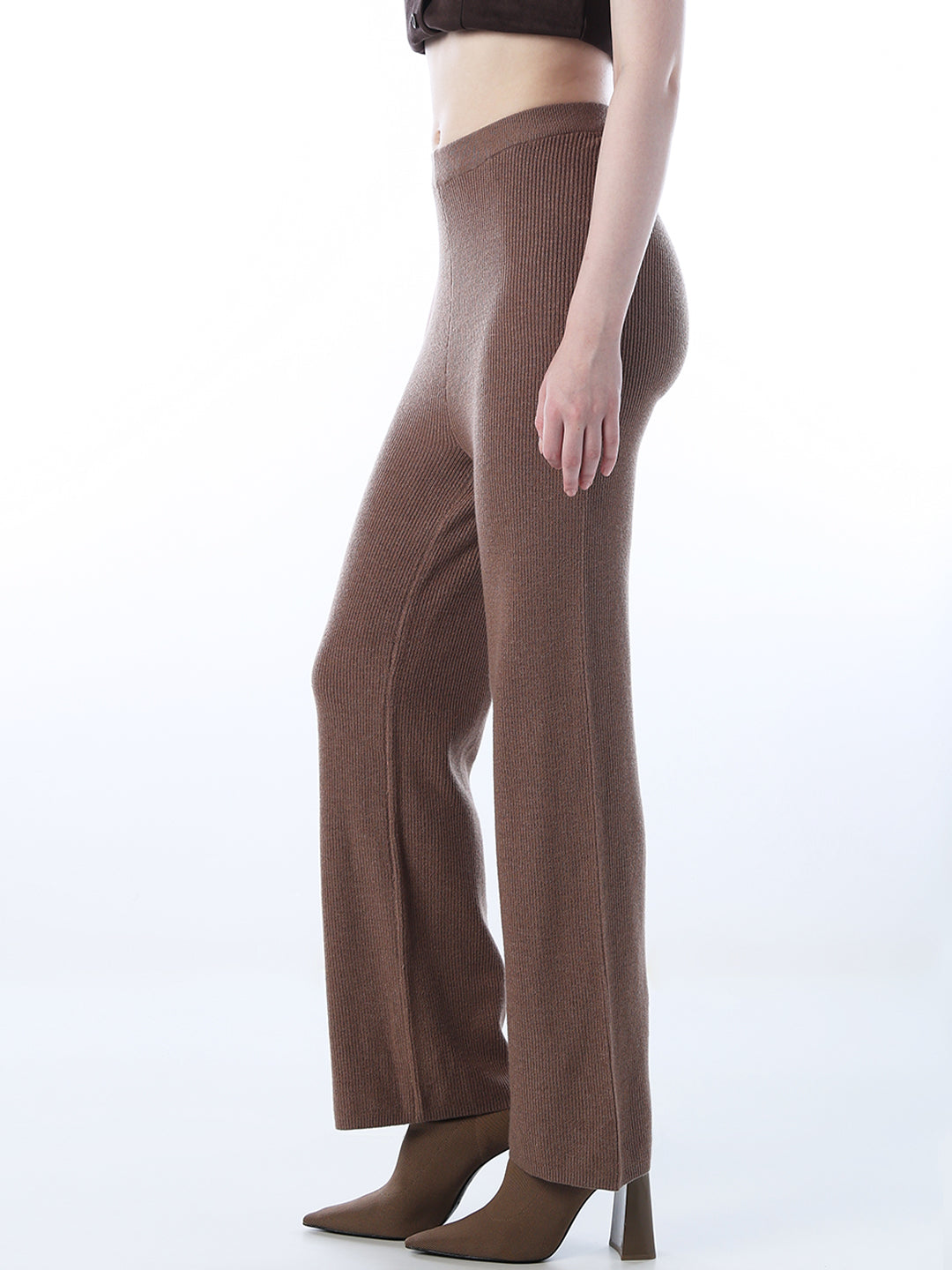 Brown Rib Knit Flared Trousers