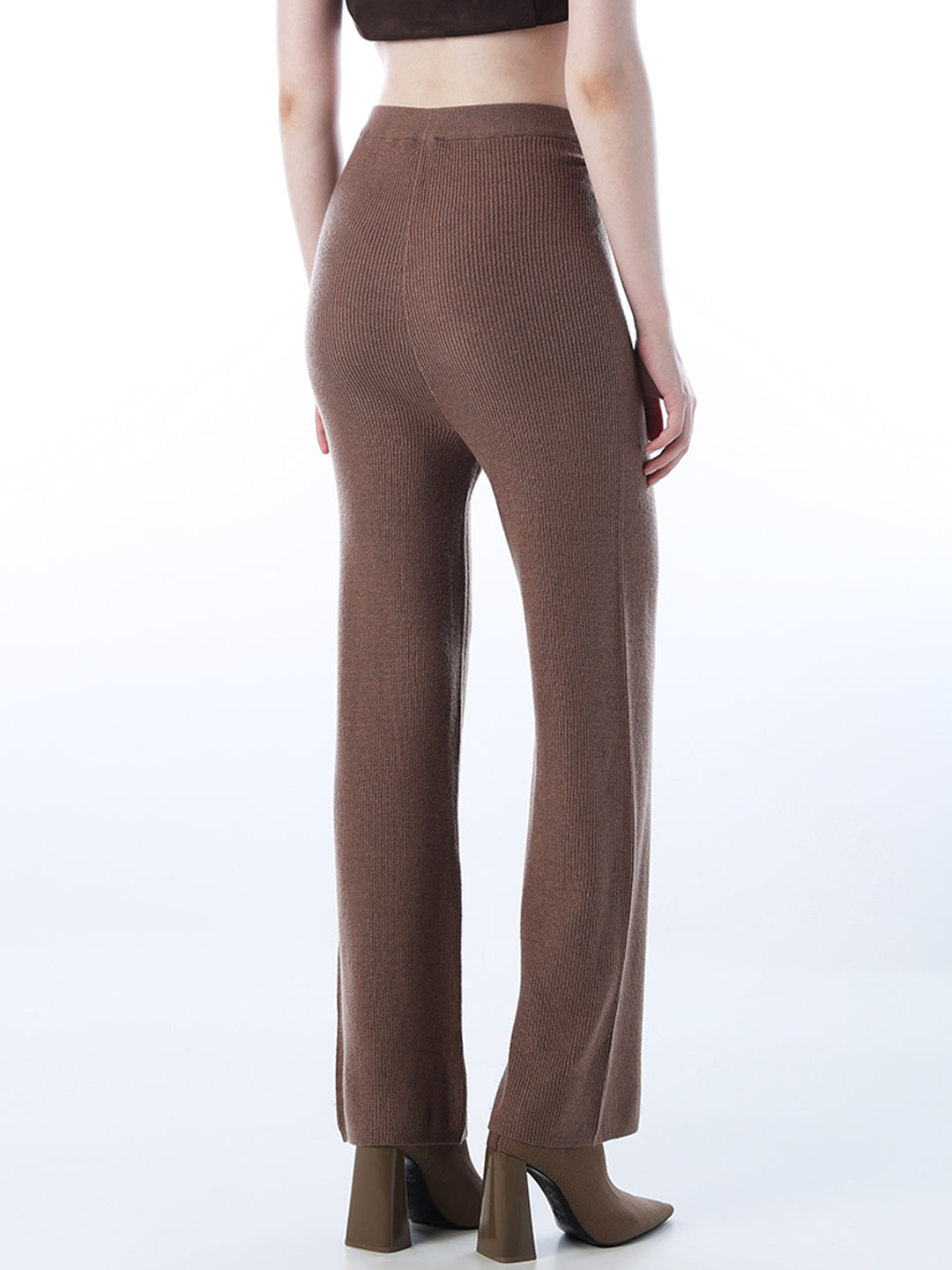 Brown Rib Knit Flared Trousers