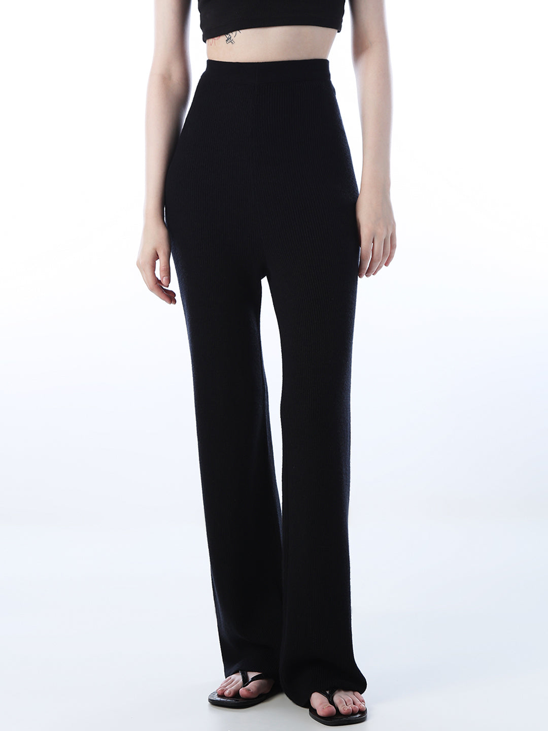 Black Rib Knit Flared Trousers