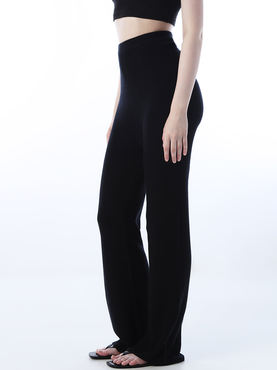 Black Rib Knit Flared Trousers