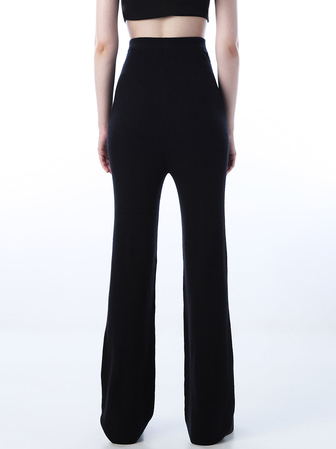 Black Rib Knit Flared Trousers