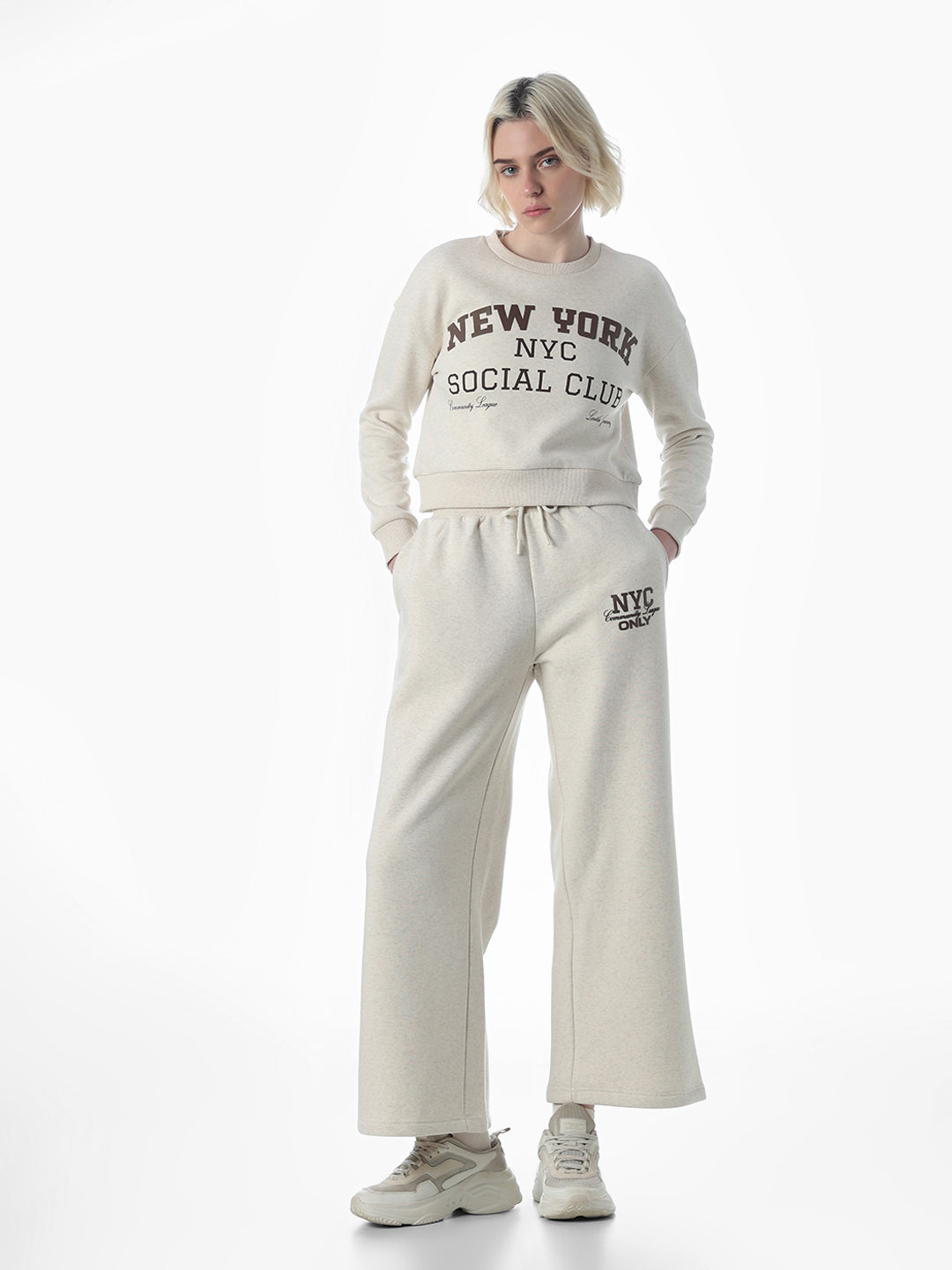 Beige Printed Cropped Sweatshirt