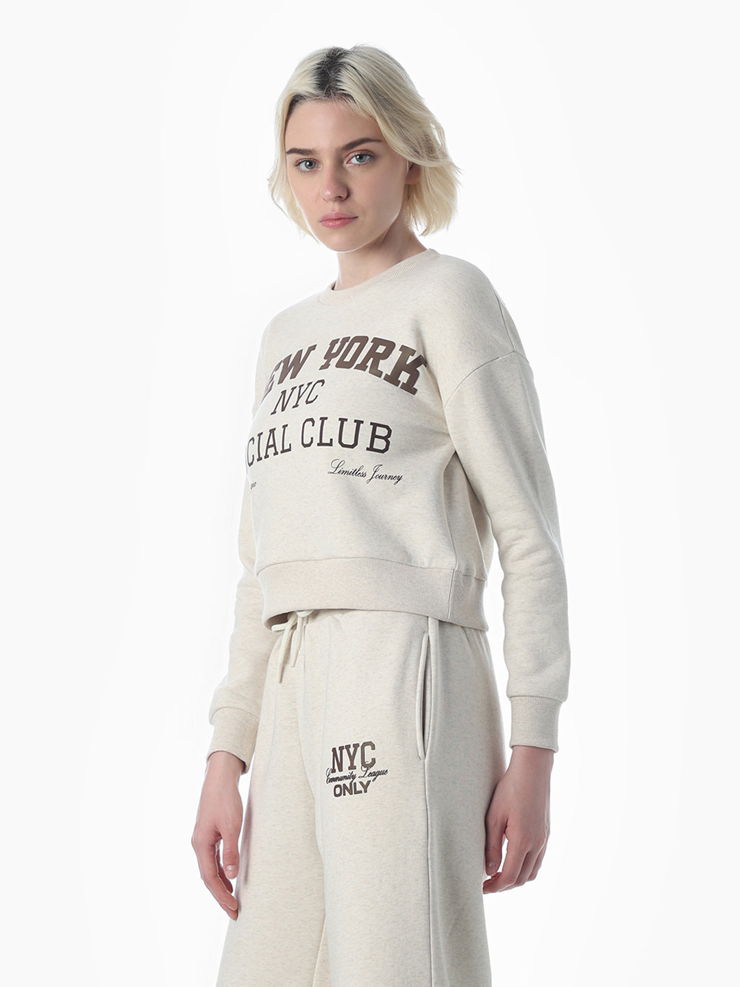 Beige Printed Cropped Sweatshirt