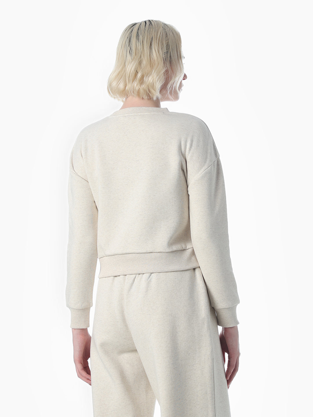 Beige Printed Cropped Sweatshirt