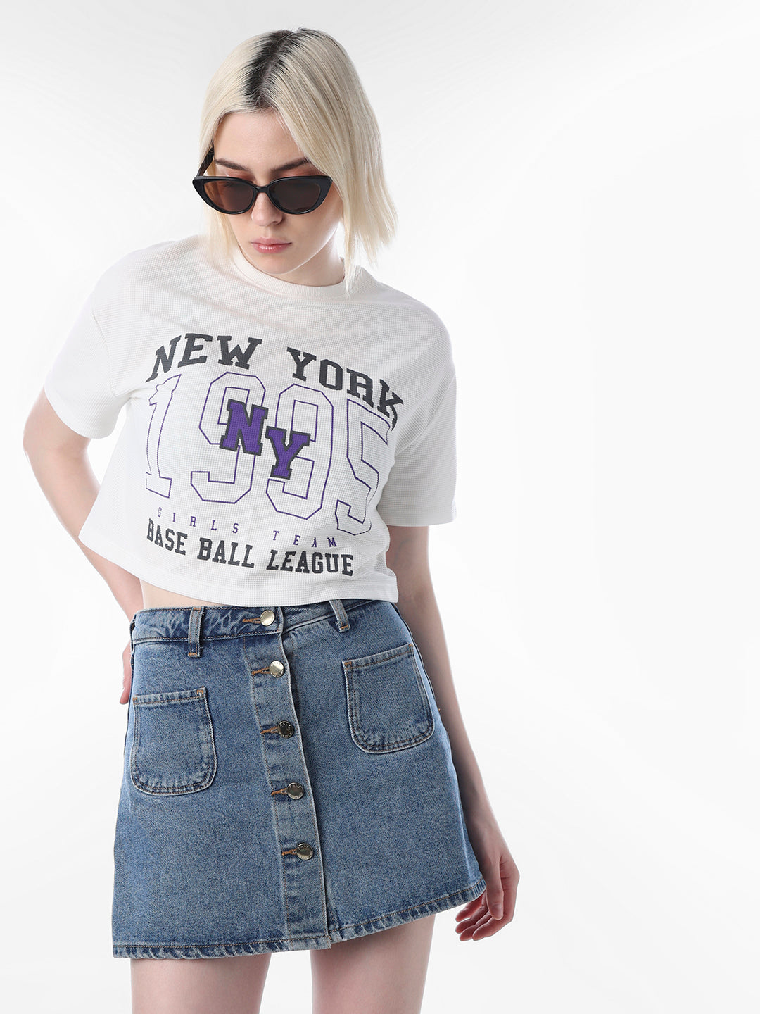 White Printed Cropped Mesh T-shirt