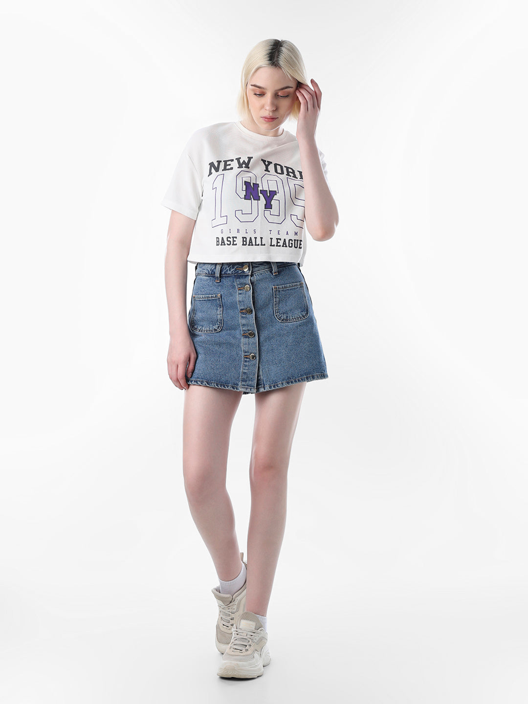 White Printed Cropped Mesh T-shirt