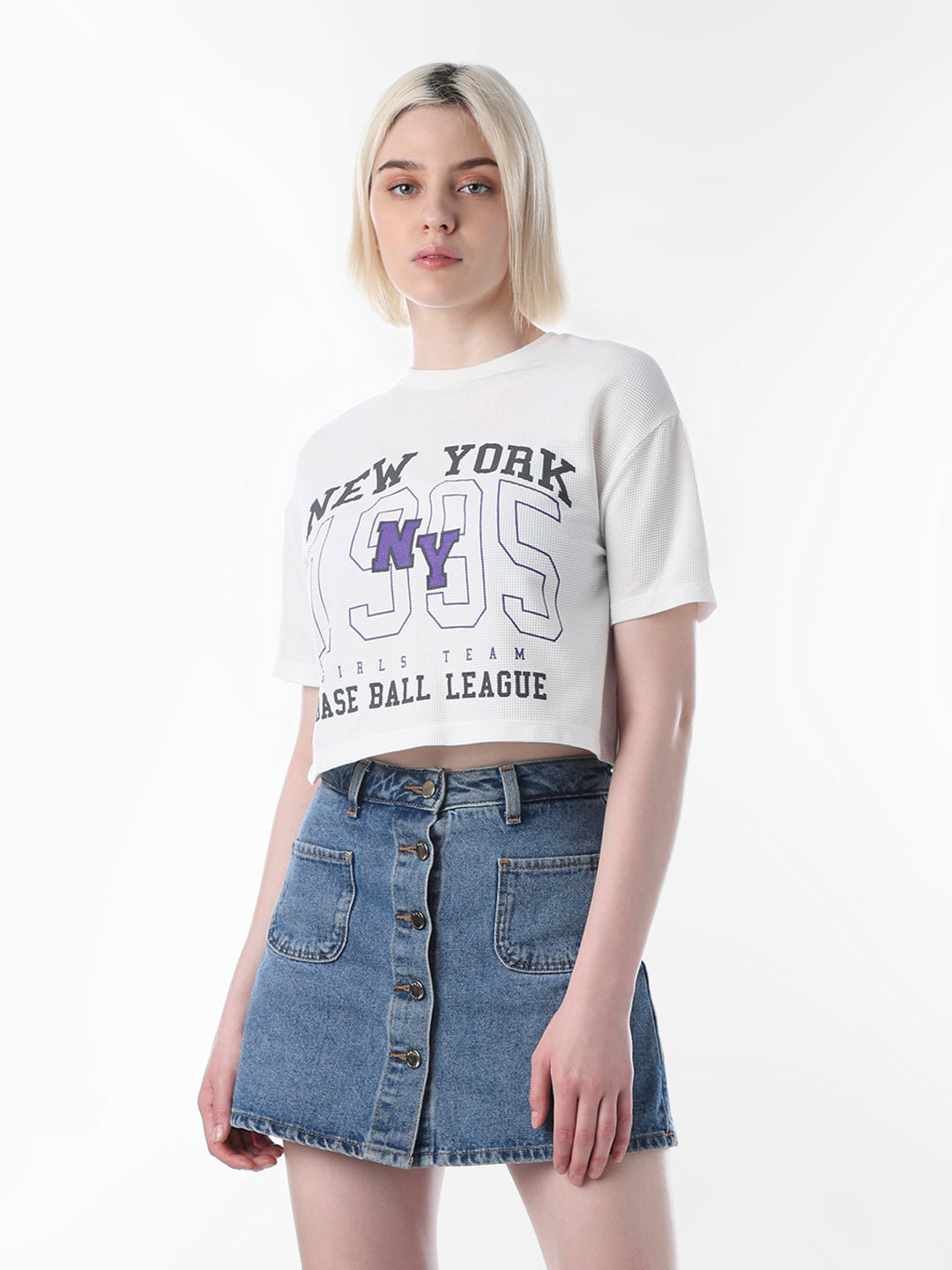 White Printed Cropped Mesh T-shirt