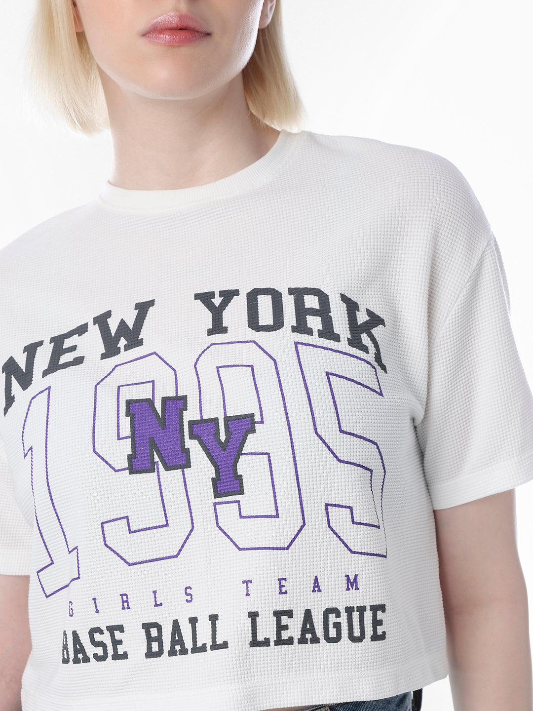 White Printed Cropped Mesh T-shirt