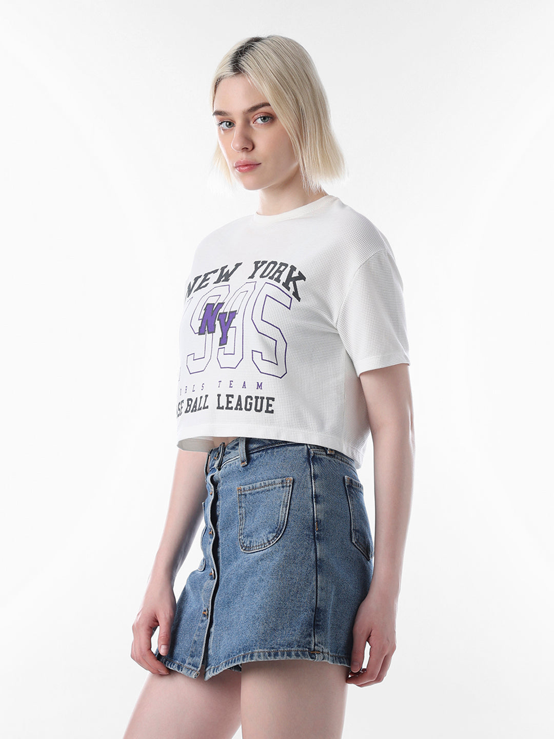 White Printed Cropped Mesh T-shirt
