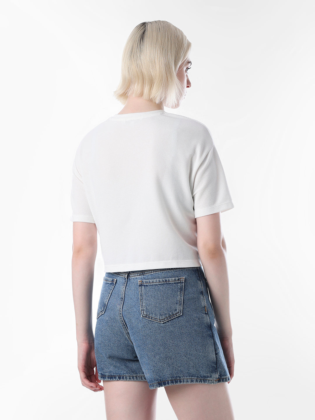 White Printed Cropped Mesh T-shirt