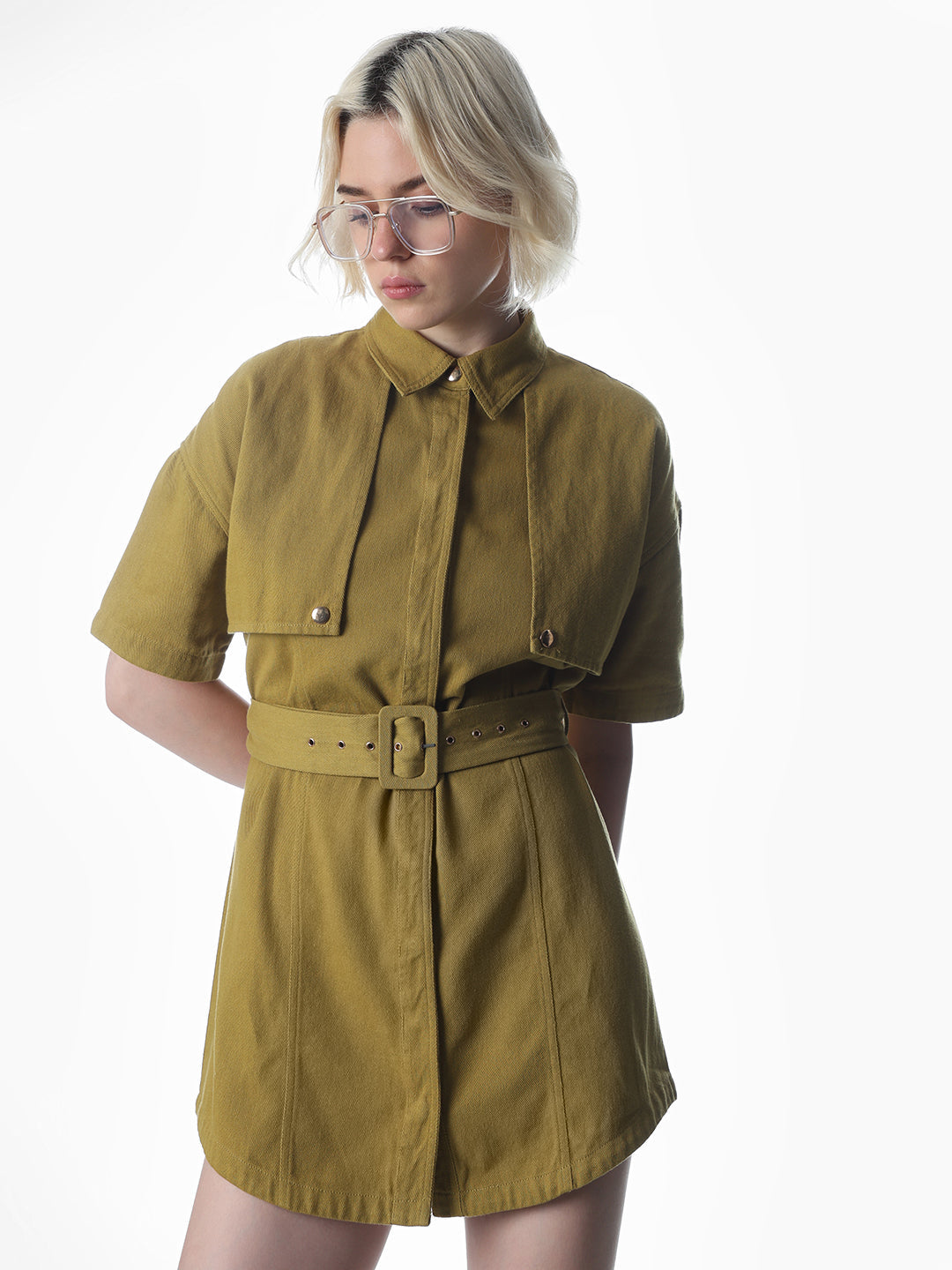Green Belted Short Denim Dress