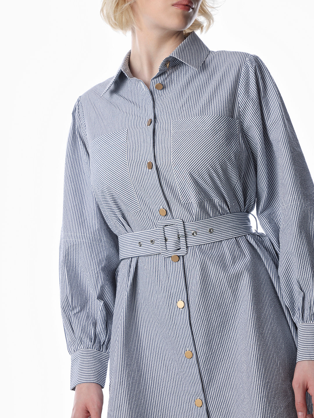 White Striped Belted Shirt Dress