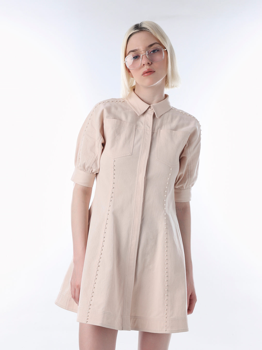 Peach Pearl Embellished Shirt Dress