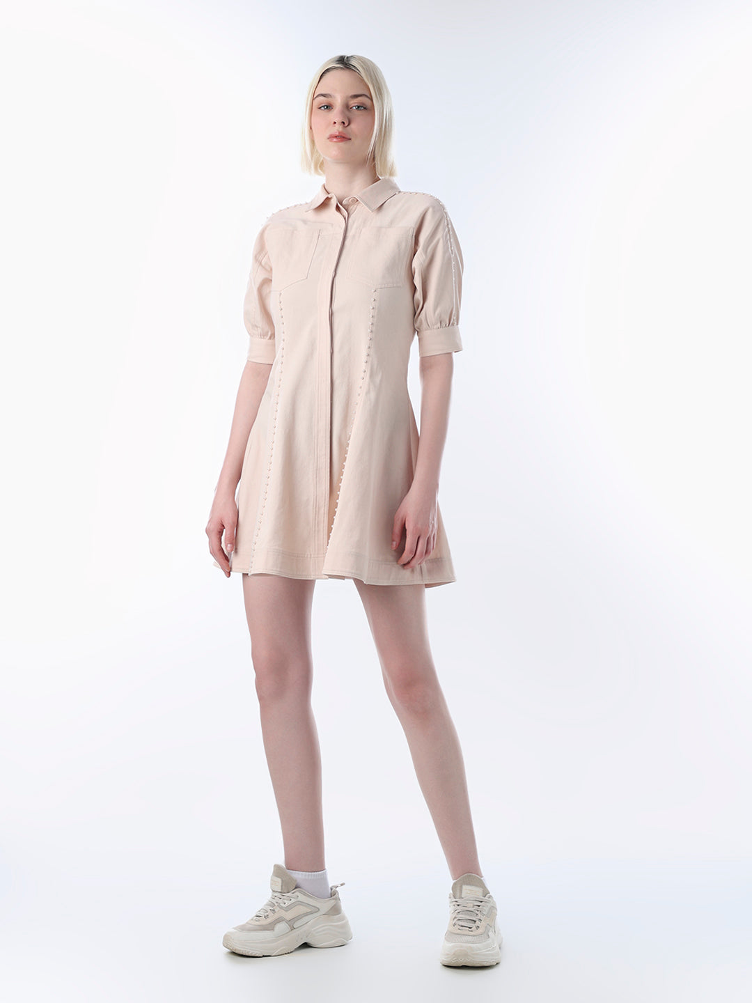 Peach Pearl Embellished Shirt Dress