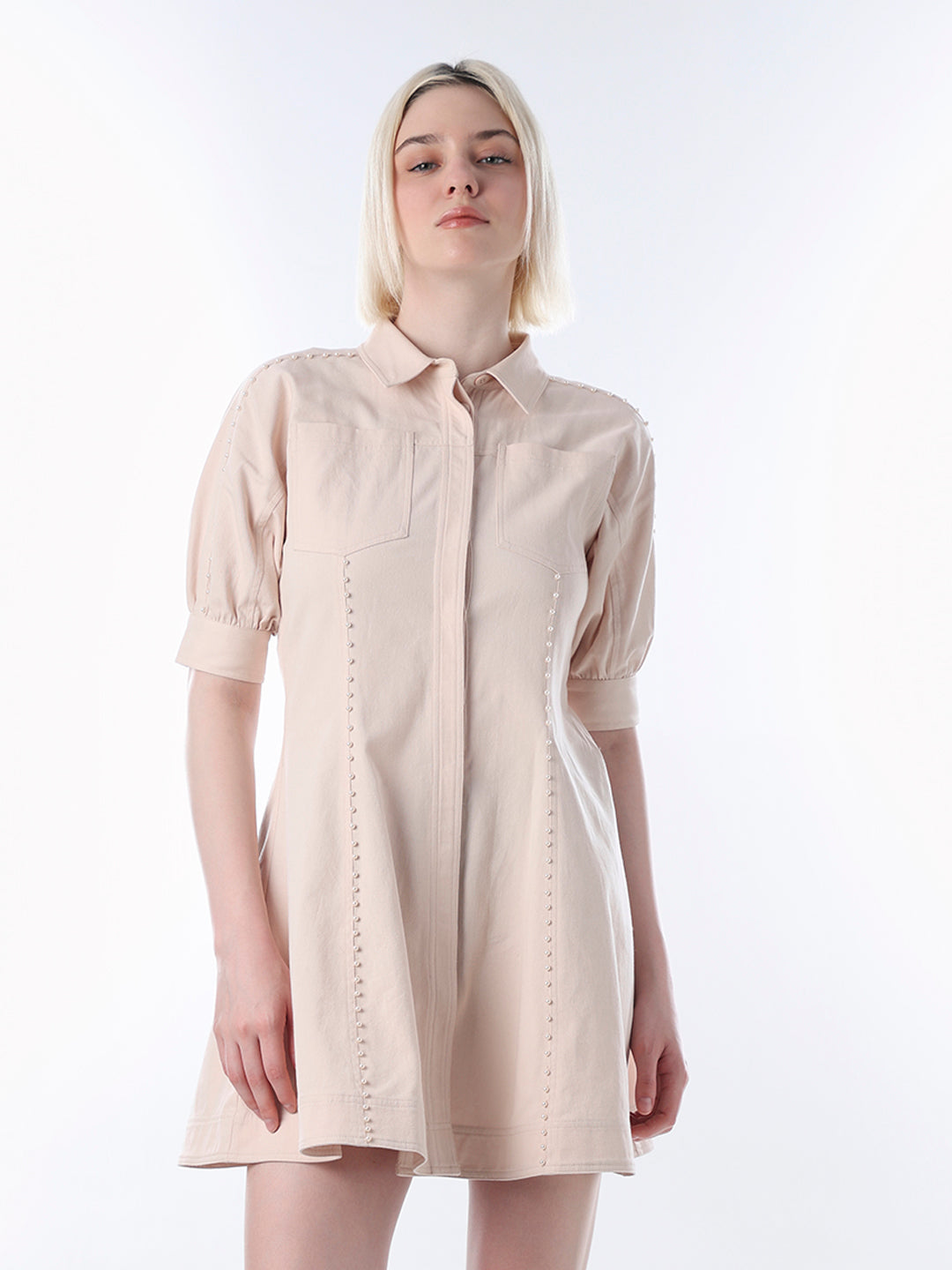 Peach Pearl Embellished Shirt Dress