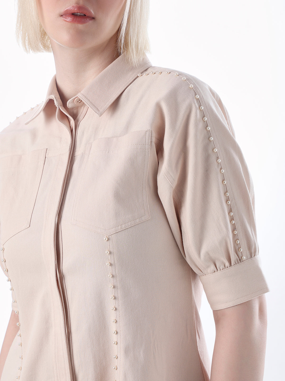 Peach Pearl Embellished Shirt Dress