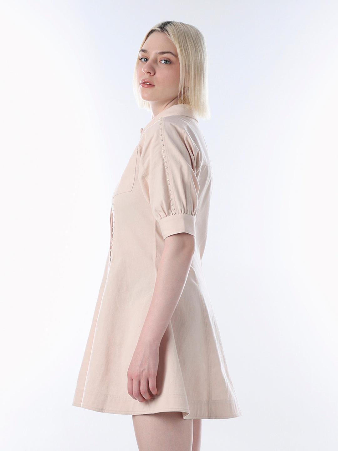 Peach Pearl Embellished Shirt Dress