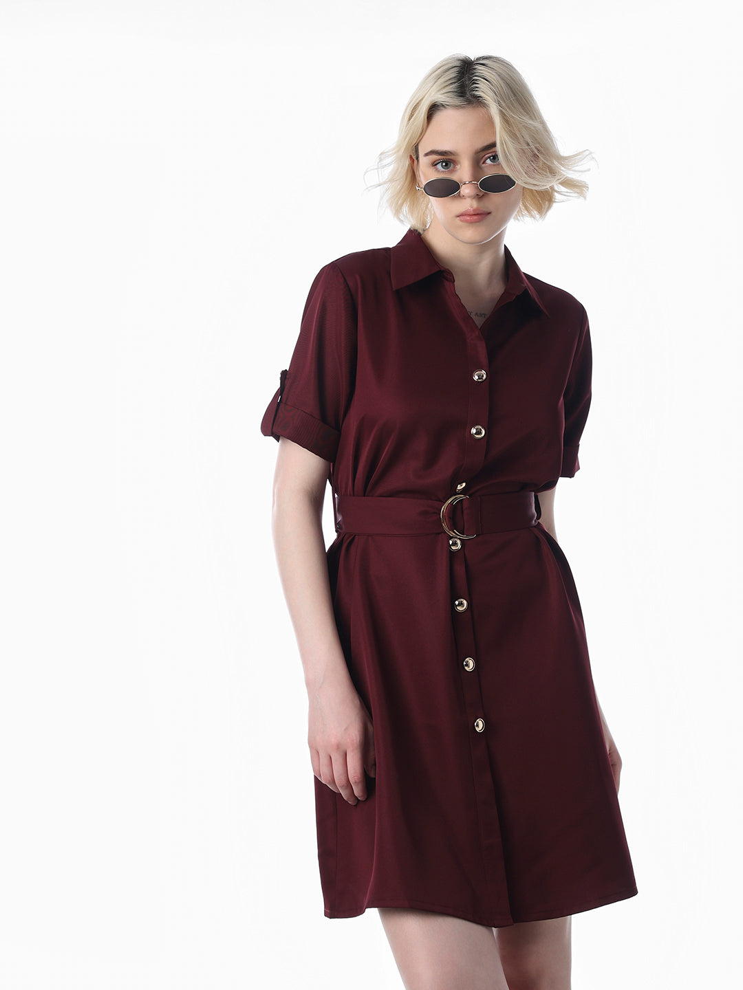 Maroon Belted Shirt Dress
