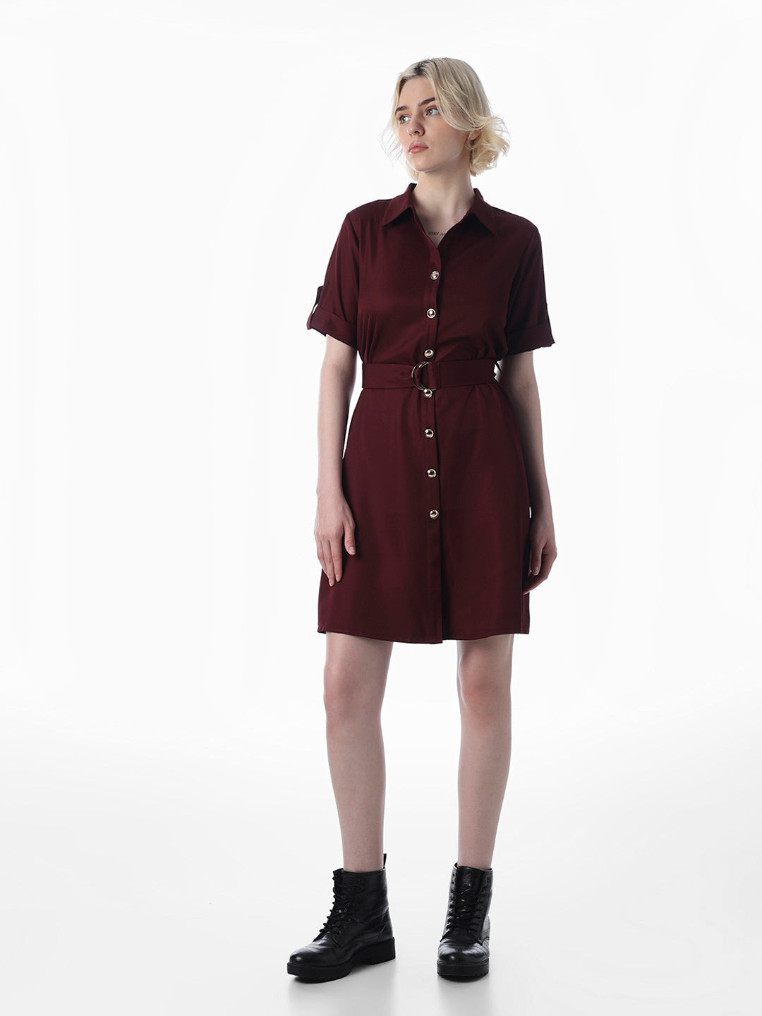 Maroon Belted Shirt Dress